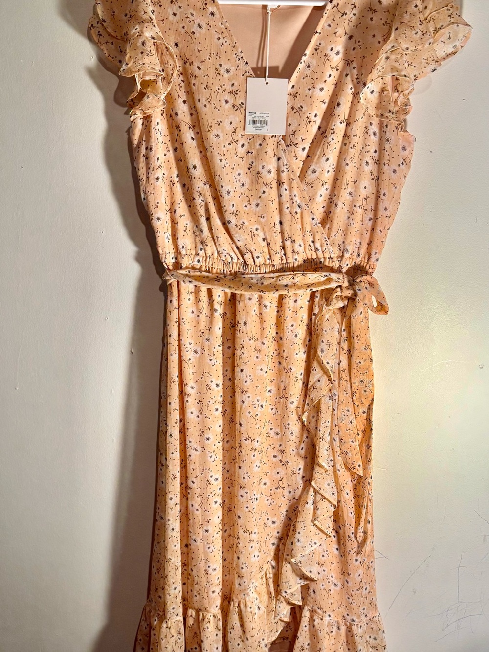 LC Lauren Conrad Peach Floral Wrap Dress with Ruffle Trim